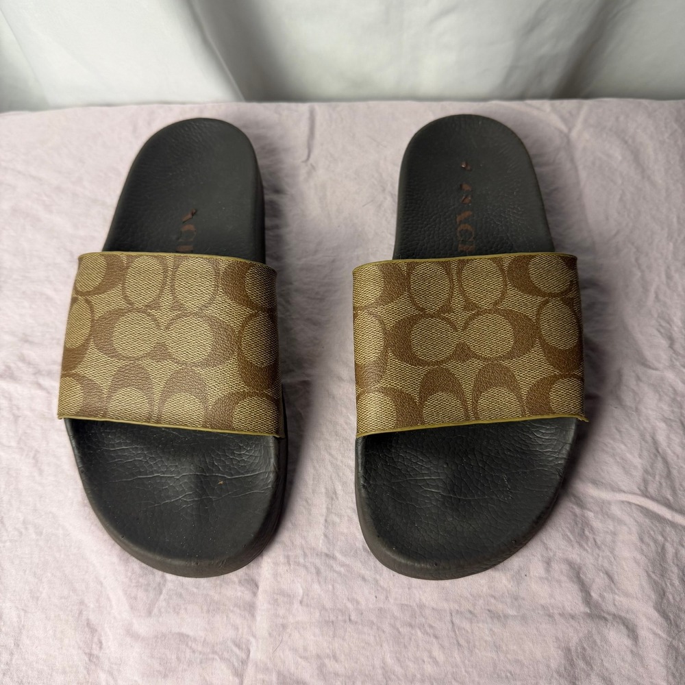 Coach Men's Size 7 Signature C Khaki Monogram Slide Sandals Brown Beach Resort